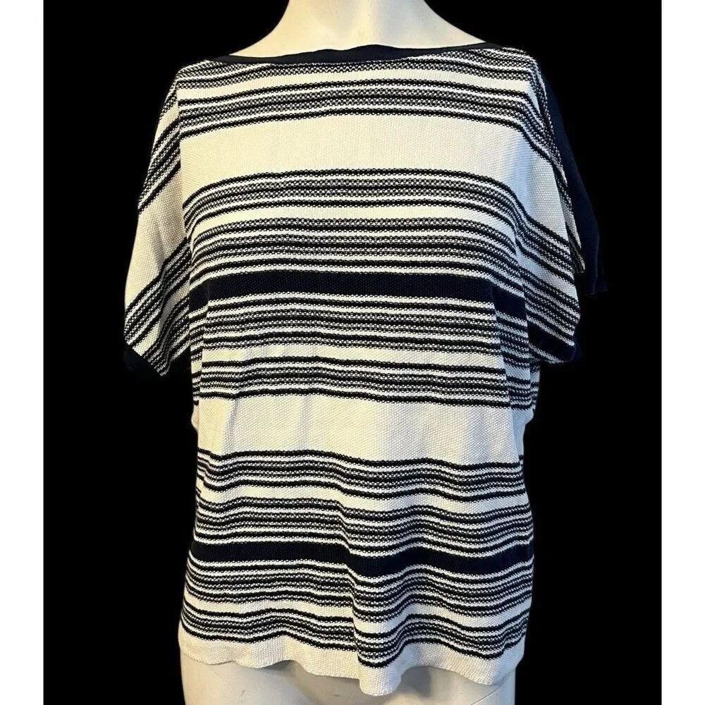 Lauren Ralph Lauren Medium Navy Blue White Striped Linen Blend Nautical Blouse